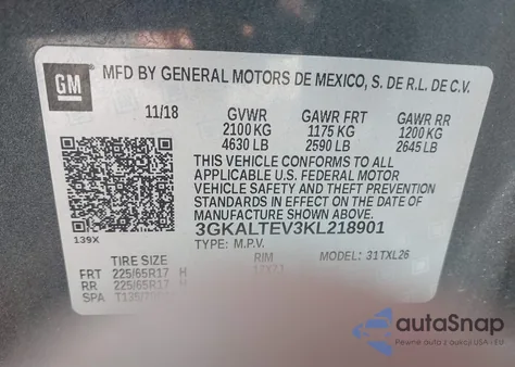 2019 GMC Terrain Sle z USA, uszkodzony, nr VIN 3GKALTEV3KL218901